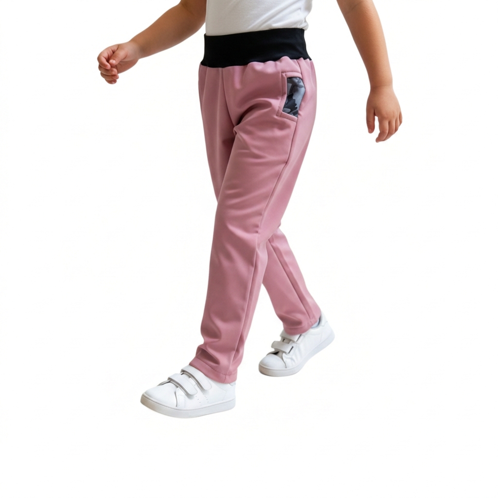 Dětské softshellové kalhoty s fleecem, Maskáč, starorůžové, vel. 140
