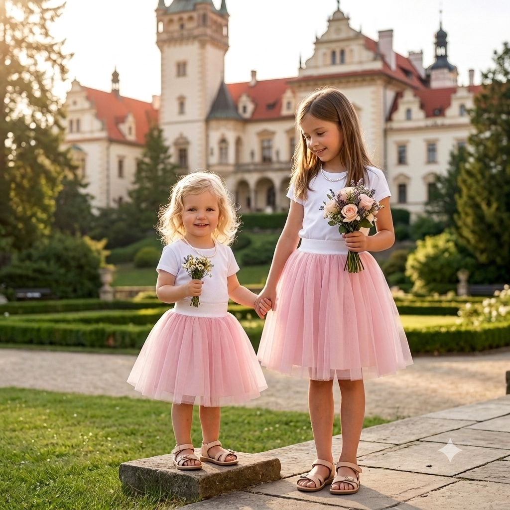 Dětská tylová tutu sukně s podšívkou – nastavitelný pas, bílá/růžová, vel. 92