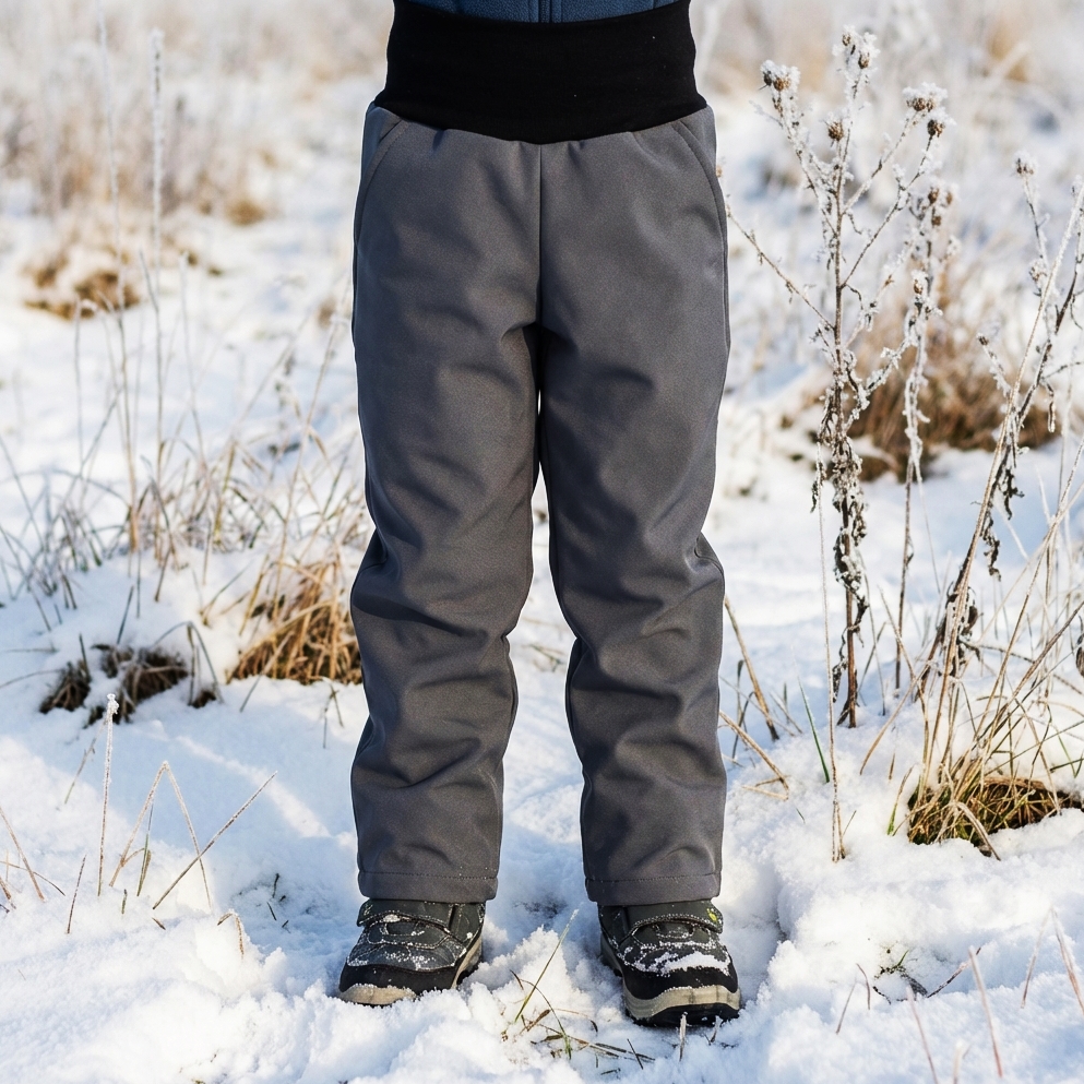 Akce Zimní dětské softshellové kalhoty s cosy coral fleece, antracitové s černým nápletem, vel. 122