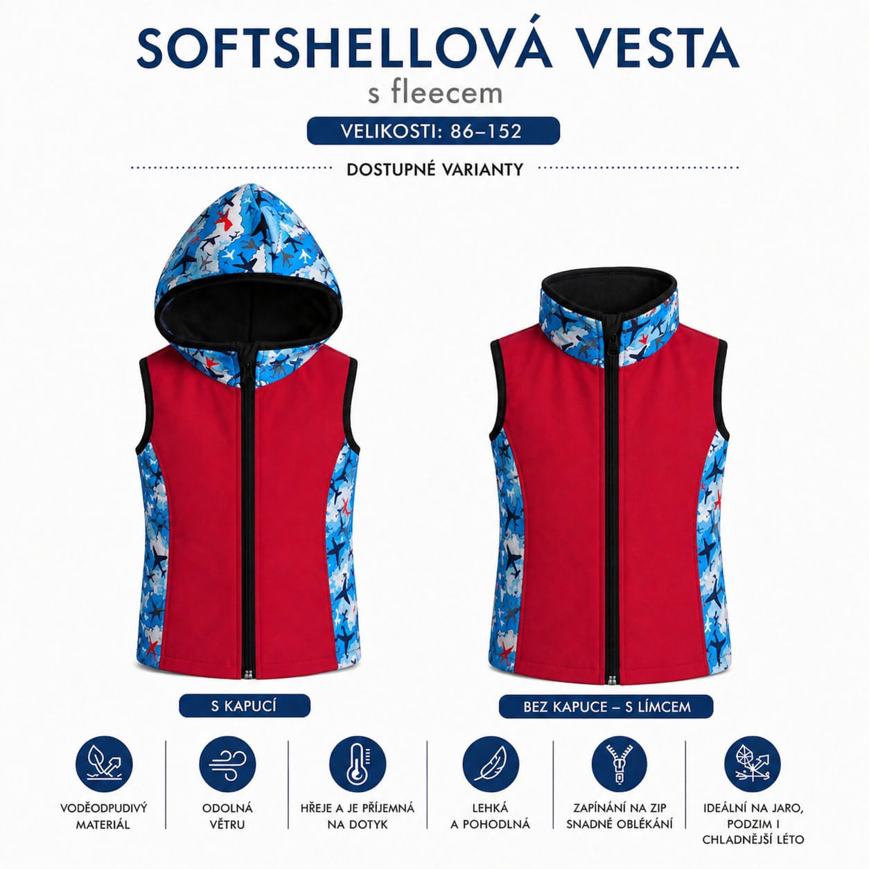 Chlapecká softshellová vesta s fleecem – s kapucí / bez kapuce, Letadla, 3 barevné varianty