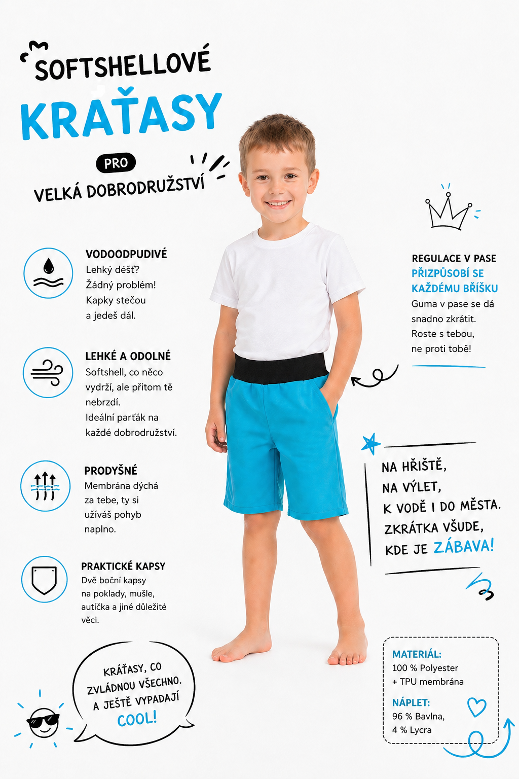 Letní softshellové kraťasy s membránou, modré s černým nápletem