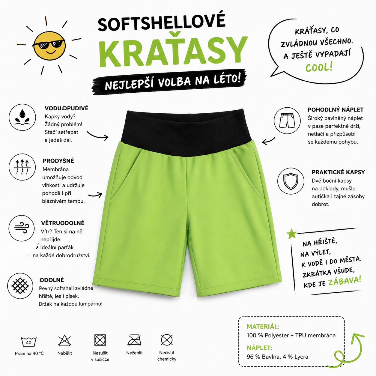 Letní softshellové kraťasy s membránou, limetkové s černým nápletem