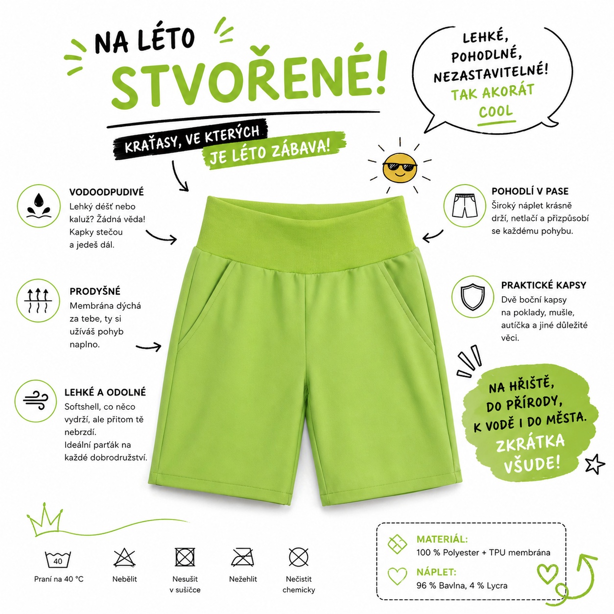 Letní softshellové kraťasy s membránou, limetkové