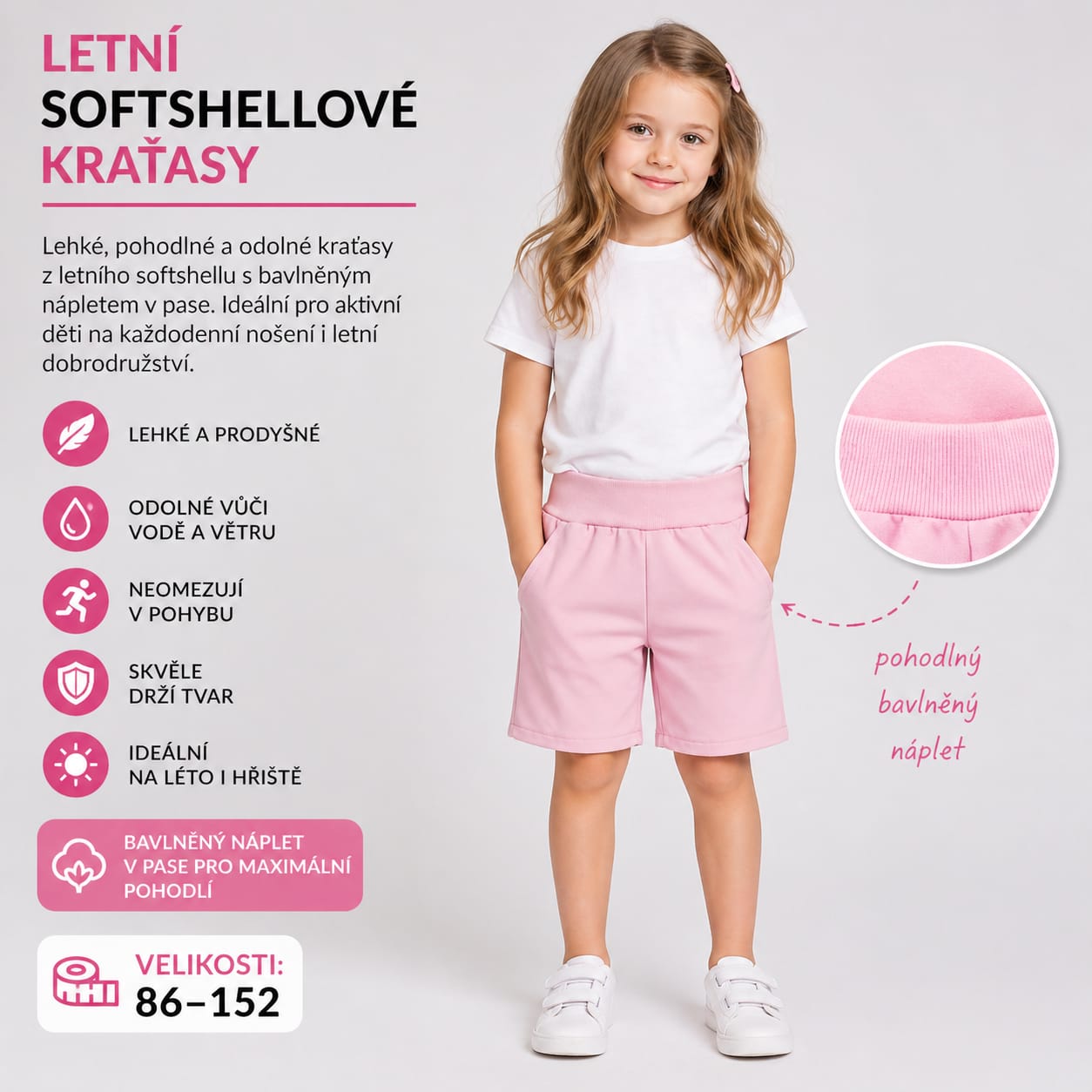 Letní softshellové kraťasy s membránou, světle růžové