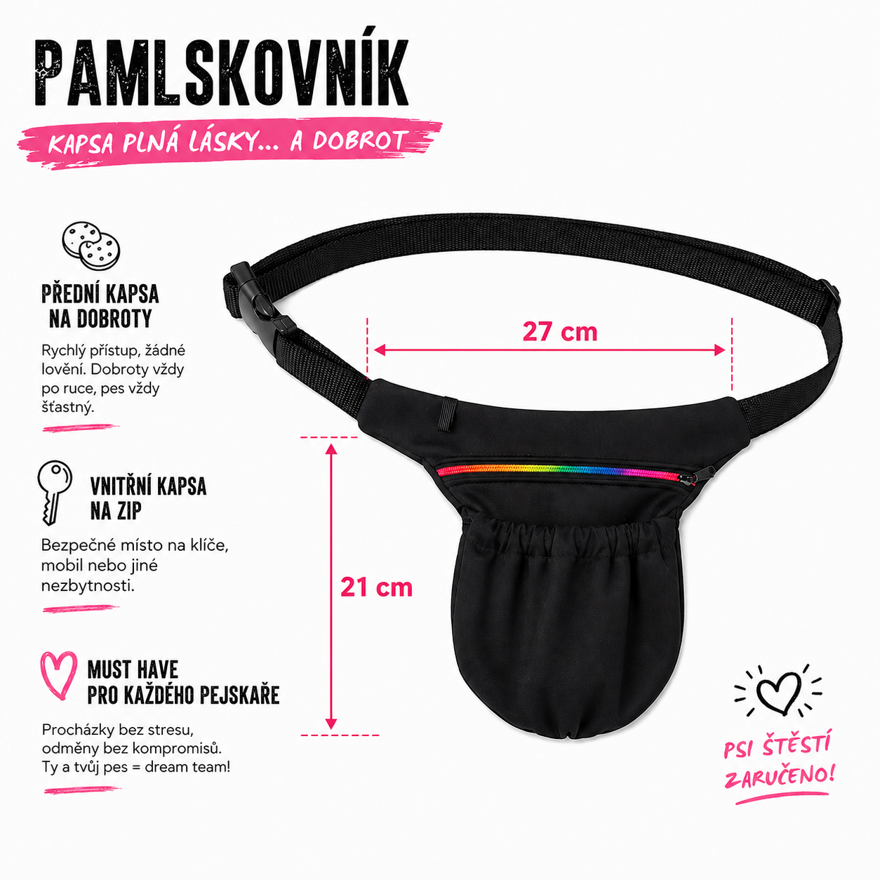 Pamlskovník pro psy na pamlsky – výcviková ledvinka pro trénink psa, 27 x 21 cm, černá s duhovým zipem