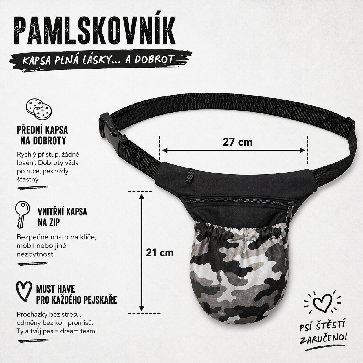 Pamlskovník pro psy na pamlsky – výcviková ledvinka pro trénink psa, 27 x 21 cm, černý / maskáč