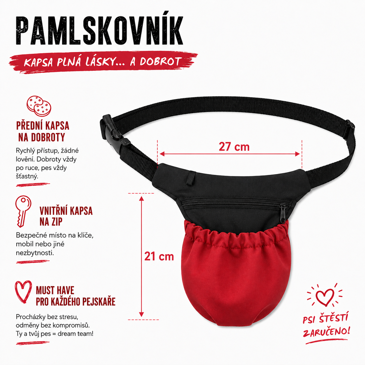 Pamlskovník pro psy na pamlsky – výcviková ledvinka pro trénink psa, 27 x 21 cm, černý / červený