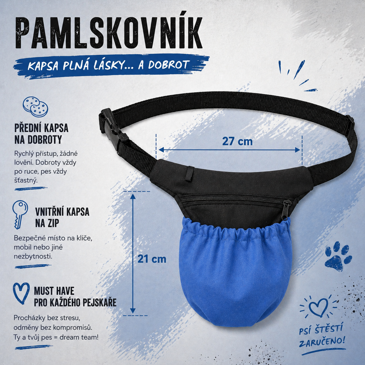 Pamlskovník pro psy na pamlsky – výcviková ledvinka pro trénink psa, 27 x 21 cm, černý / modrý