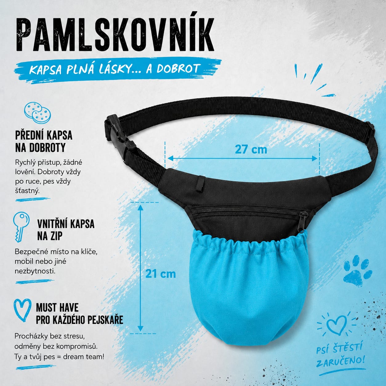 Pamlskovník pro psy na pamlsky – výcviková ledvinka pro trénink psa, 27 x 21 cm, černý / modrý