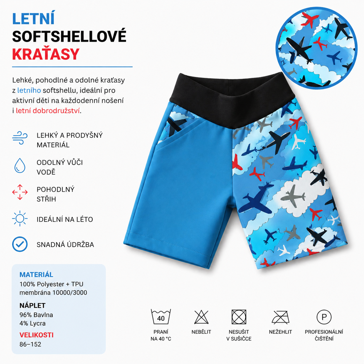 Letní softshellové kraťasy s membránou, Letadla, modré
