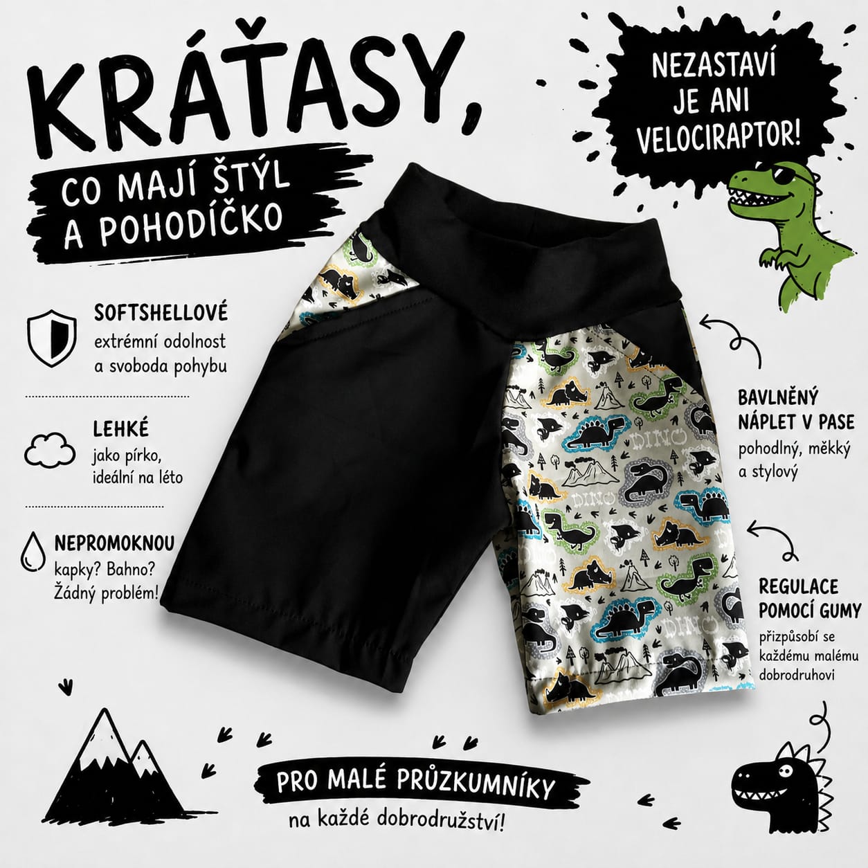 Letní softshellové kraťasy s membránou, Dinosauři, černé
