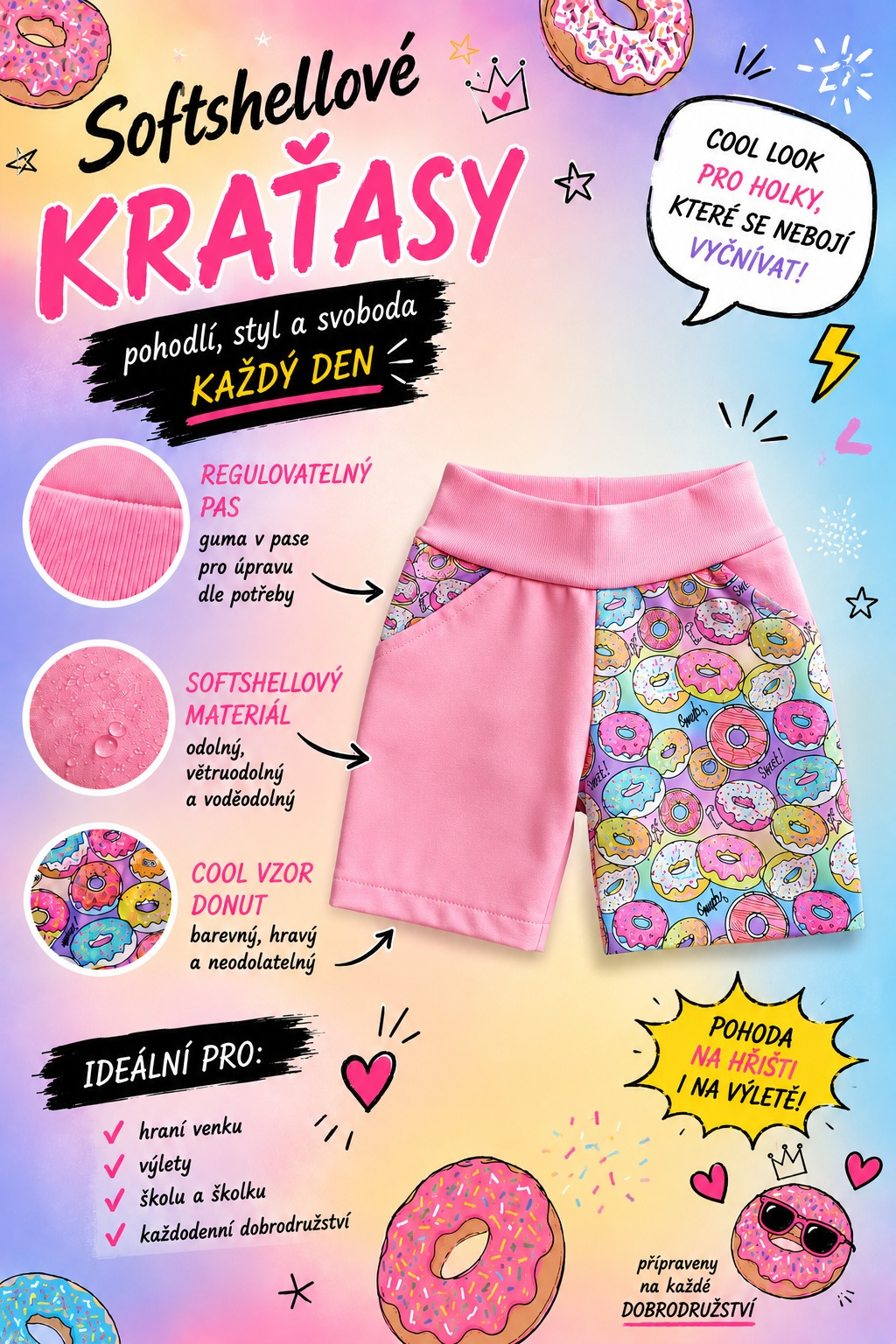 Letní softshellové kraťasy s membránou, Donut, světle růžové