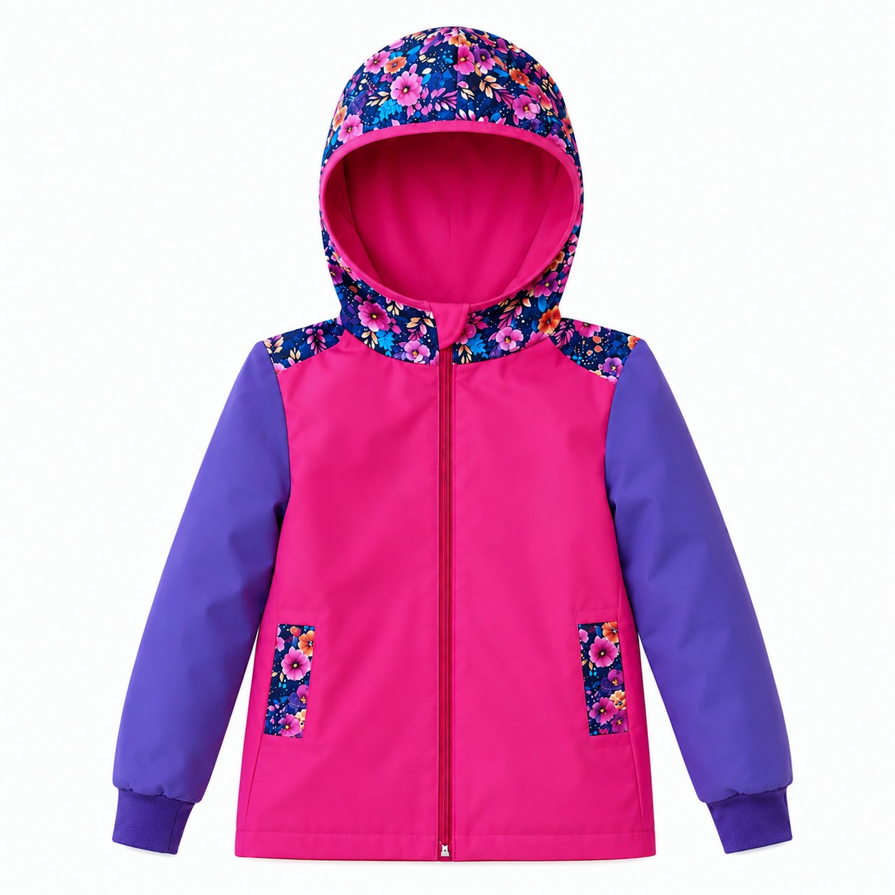 Dětská letní softshellová bunda bez zateplení, Růžové květy, tmavě růžová s levandulovými rukávy