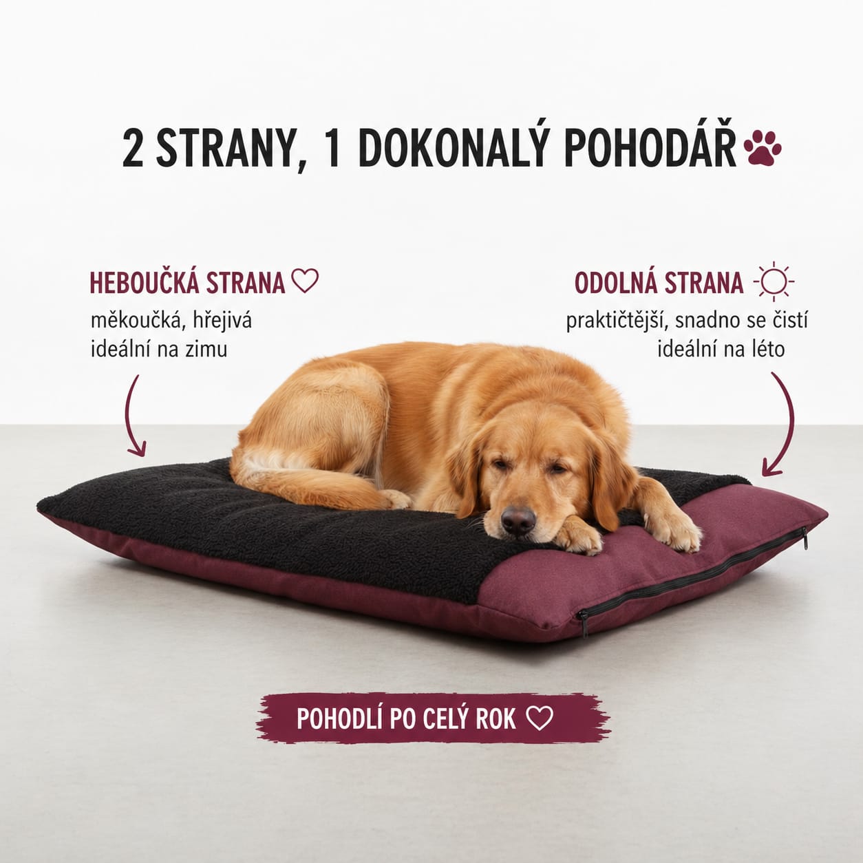 Ortopedický pelíšek pro psa z paměťové pěny 2v1 – Woriginal Ortocomfort Dual se snímatelným potahem, bordó melange / černý, 6 velikostí