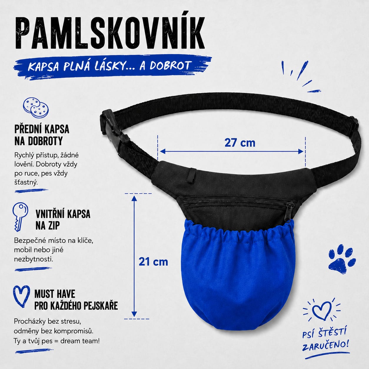 Pamlskovník pro psy na pamlsky – výcviková ledvinka pro trénink psa, 27 x 21 cm, černý / královská modrá