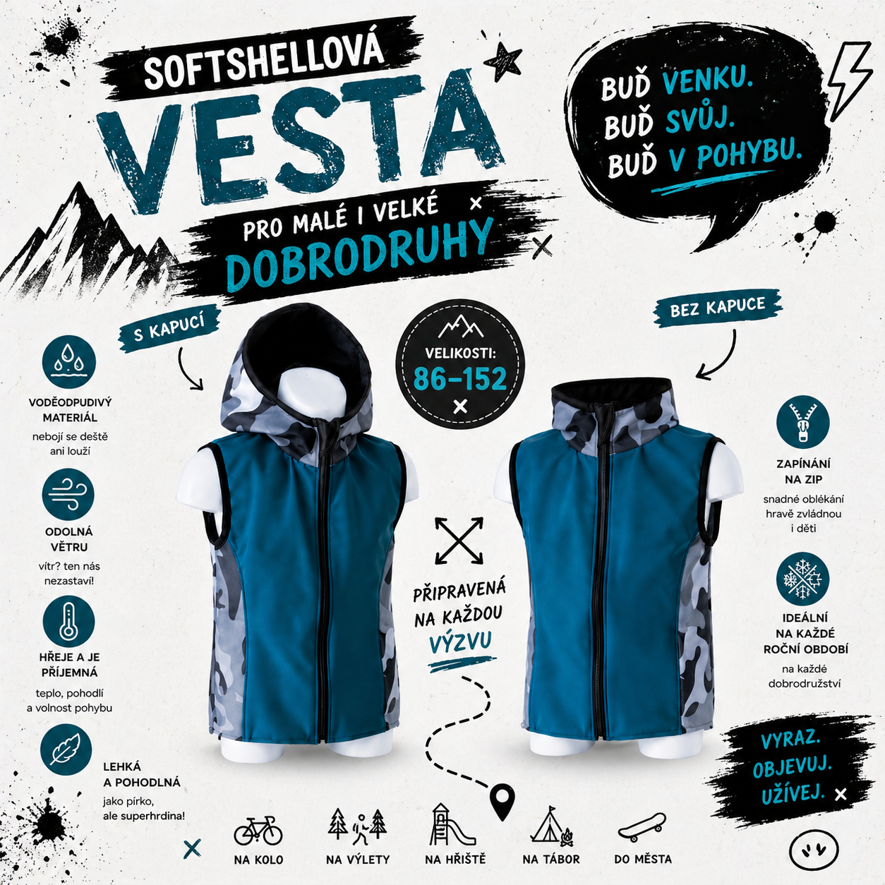 Chlapecká softshellová vesta s fleecem – s kapucí / bez kapuce, Maskáč, 7 barevných variant
