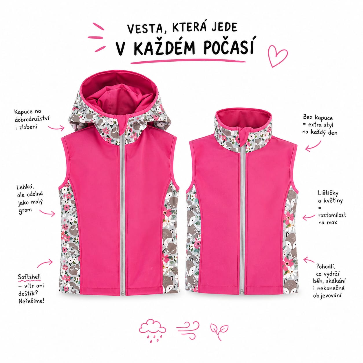 Dívčí softshellová vesta s fleecem – s kapucí / bez kapuce, Lišky, 2 barevné varianty