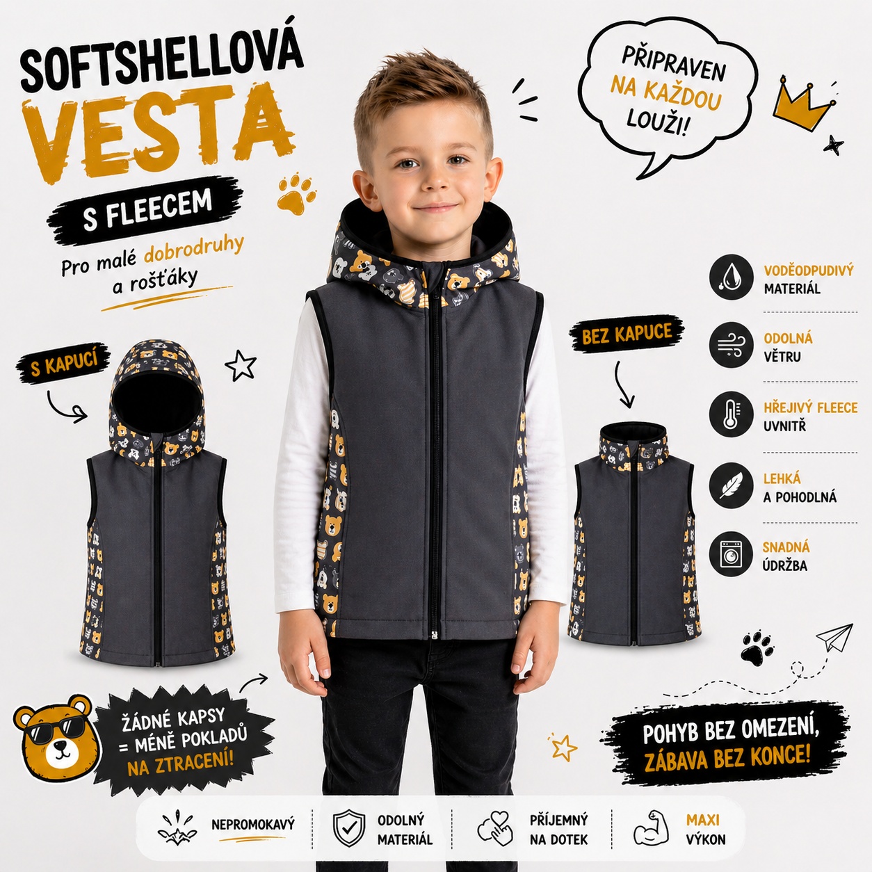 Chlapecká softshellová vesta s fleecem – s kapucí / bez kapuce, Medvidci, 3 barevné varianty