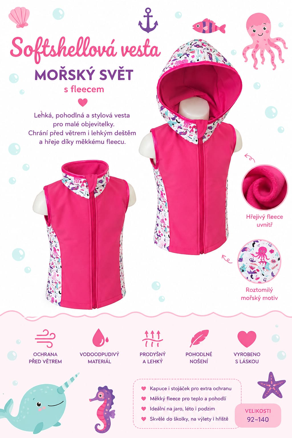 Dívčí softshellová vesta s fleecem – s kapucí / bez kapuce, Mořský svět, 3 barevné varianty