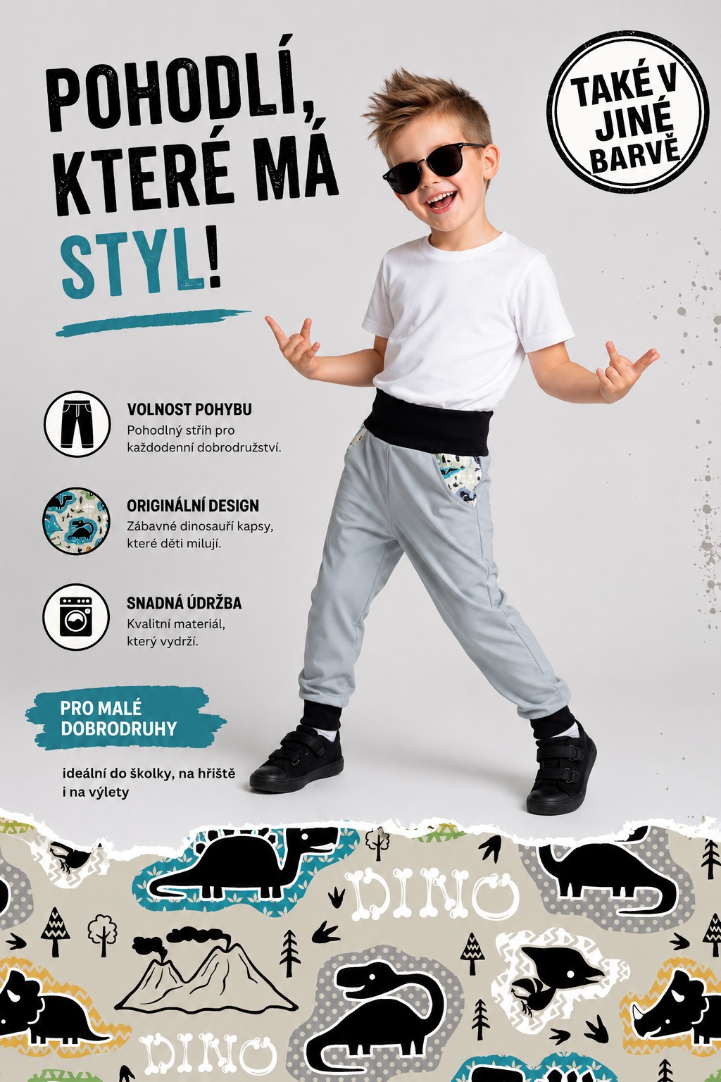 Dětské softshellové kalhoty - nezateplené, Dinosauři, 4 barevné varianty