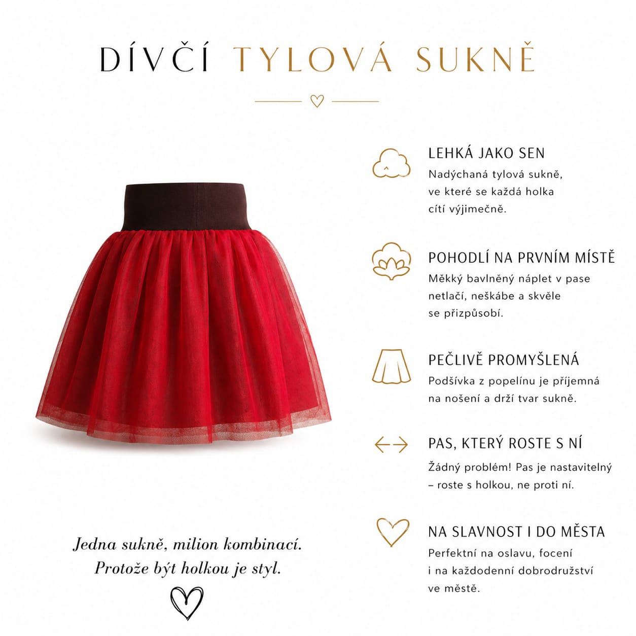 Dětská tylová tutu sukně s podšívkou – nastavitelný pas, černá/červená