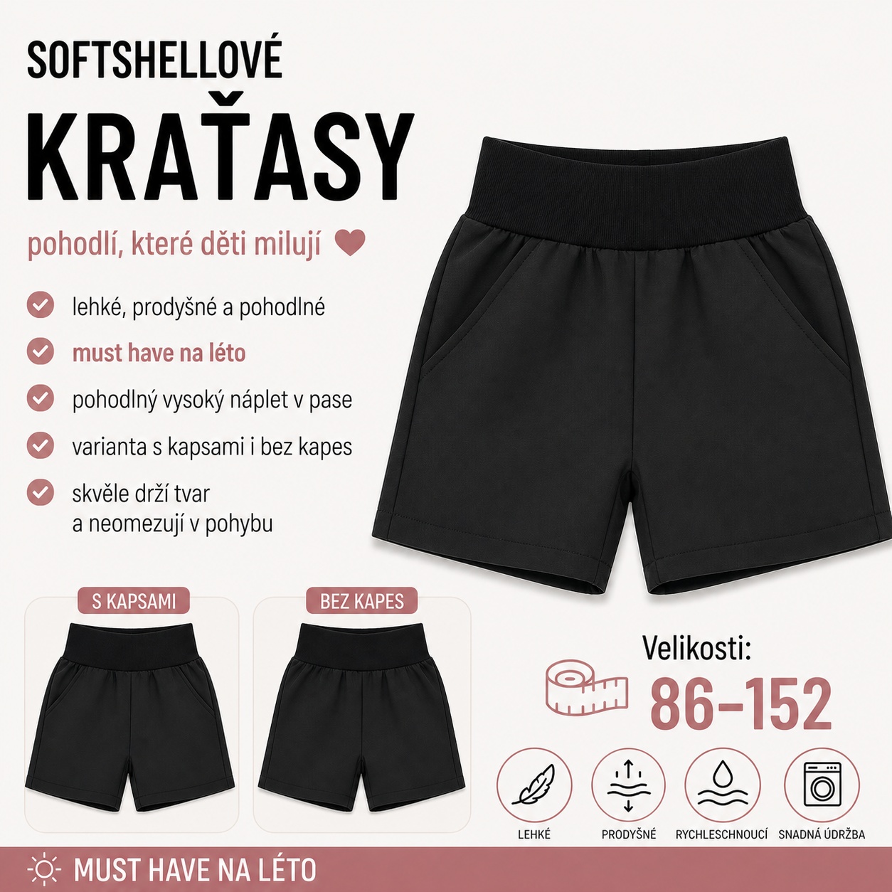 Letní softshellové kraťasy s membránou, černé