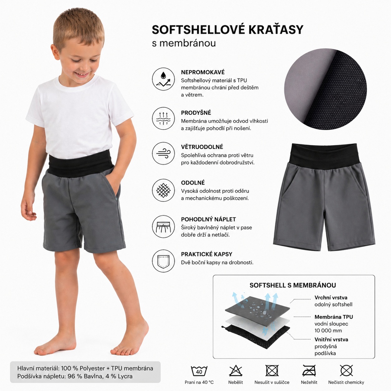 Letní softshellové kraťasy s membránou, šedé s černým nápletem