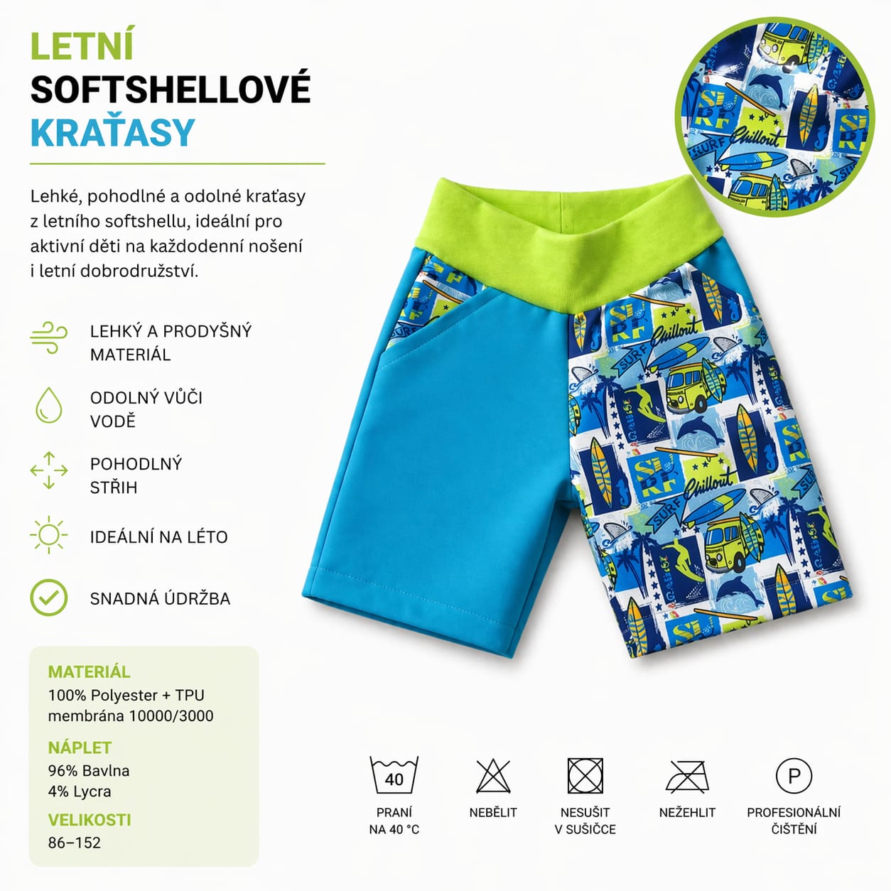 Letní softshellové kraťasy s membránou, Surf, modré s limetkovým nápletem