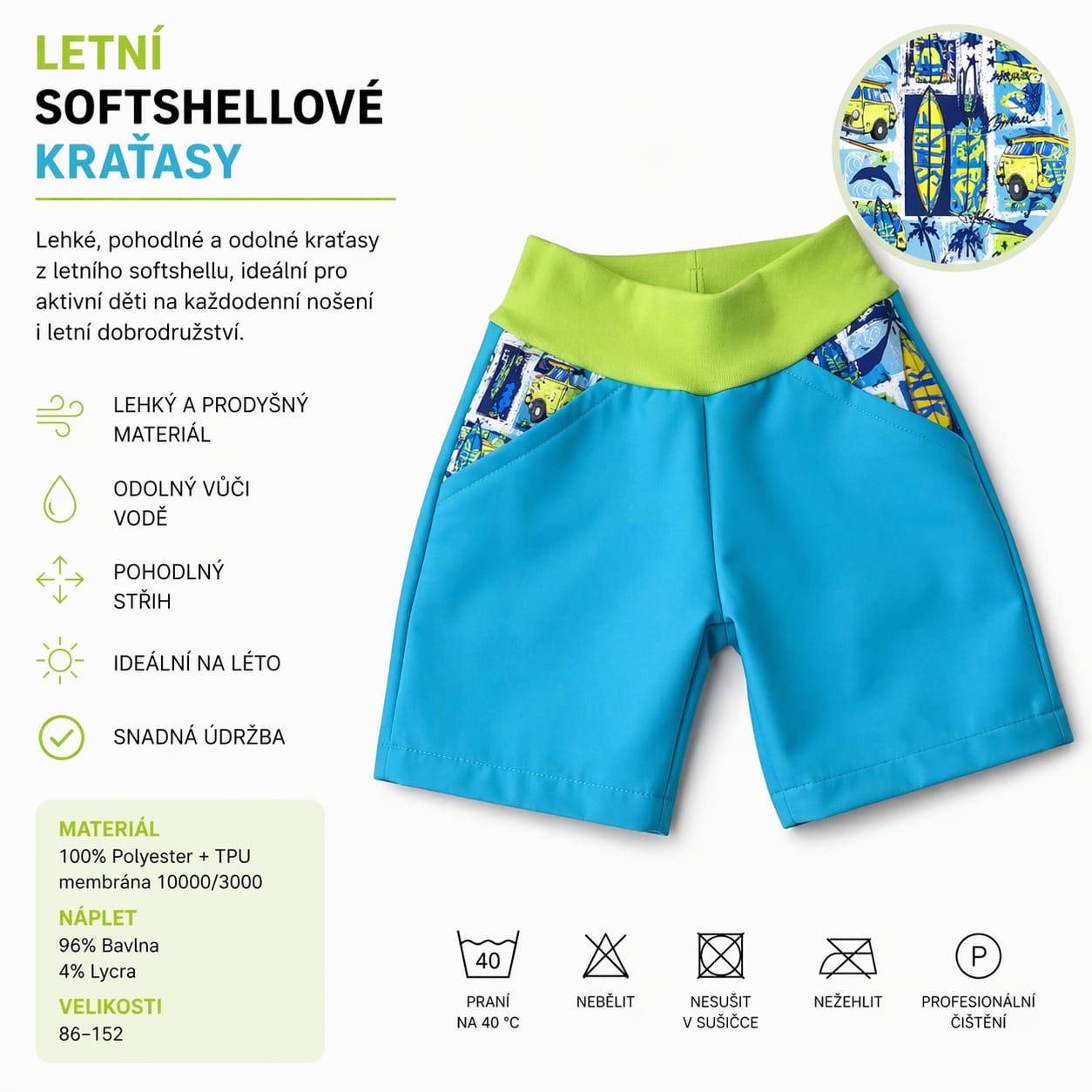 Letní softshellové kraťasy s membránou, Surf, modré