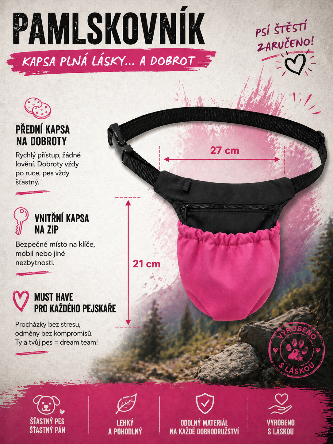 Pamlskovník pro psy na pamlsky – výcviková ledvinka pro trénink psa, 27 x 21 cm, černý / tm. růžový