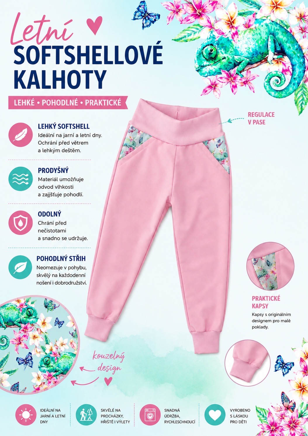 Akce Dětské softshellové kalhoty - nezateplené, Chameleoni, sv. růžové, vel. 92