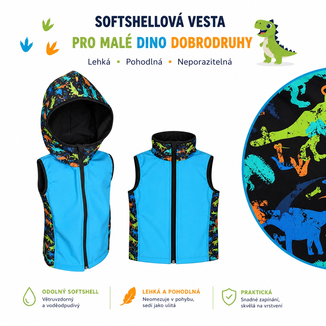 Chlapecká softshellová vesta s fleecem – s kapucí / bez kapuce, Dino, 4 barevné varianty