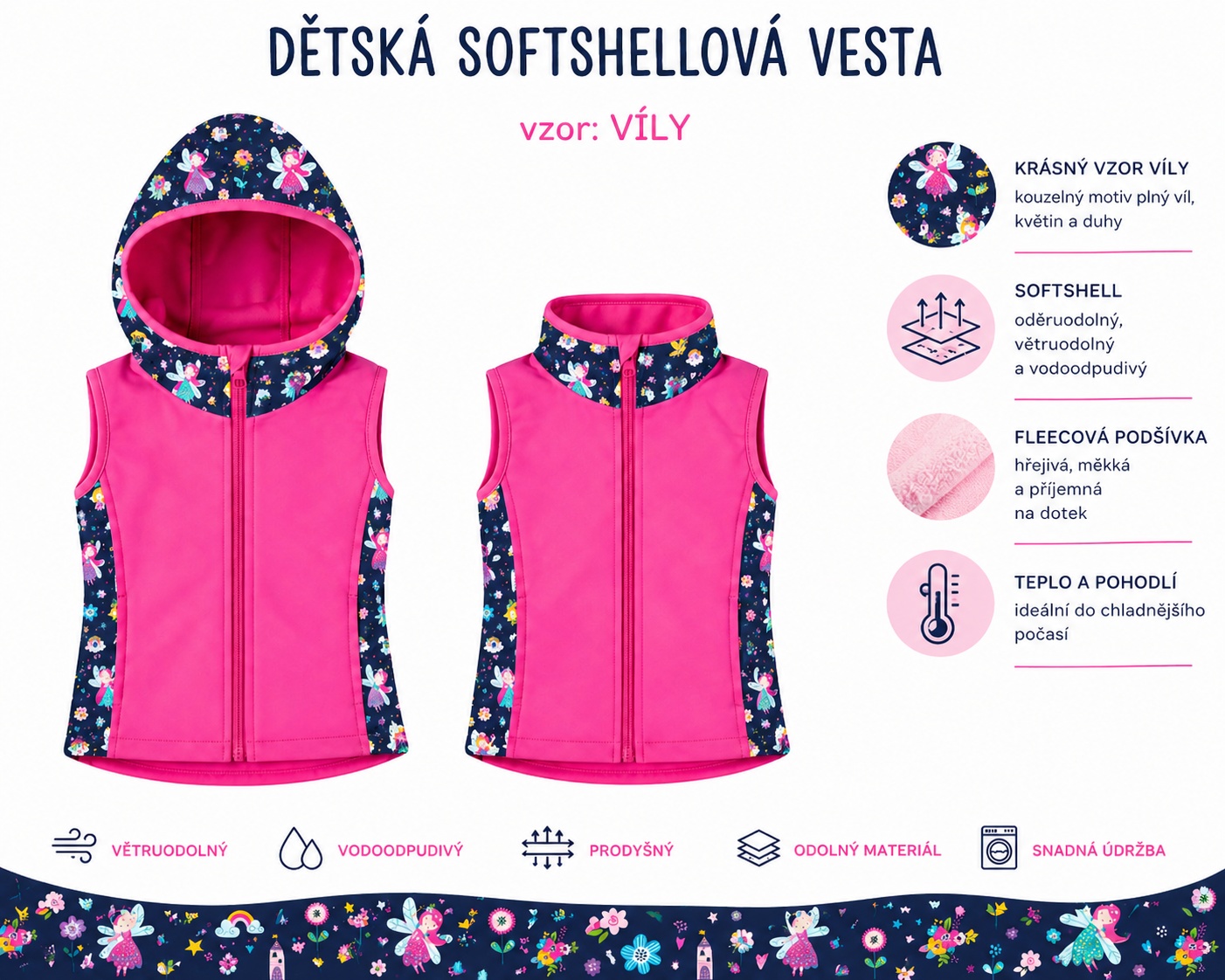 Dívčí softshellová vesta s fleecem – s kapucí / bez kapuce, Světlušky, 3 barevné varianty
