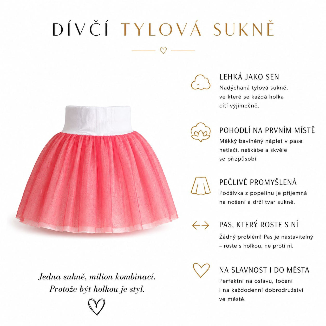 Dětská tylová tutu sukně s podšívkou – nastavitelný pas, bílá/červená