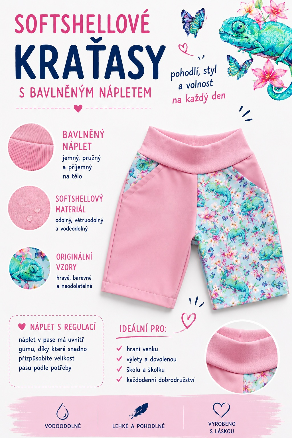 Letní softshellové kraťasy s membránou, Chameleoni, světle růžové