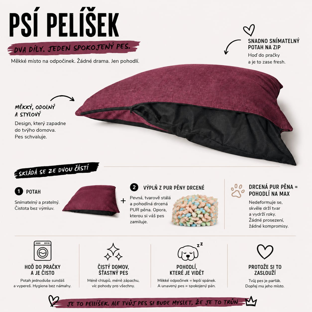 Ortopedický pelíšek pro psa z paměťové pěny 2v1 – Woriginal Ortocomfort Dual se snímatelným potahem, bordó melange / černý, 6 velikostí