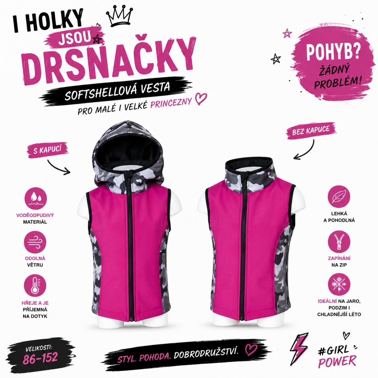 Dívčí softshellová vesta s fleecem – s kapucí / bez kapuce, Maskáč, 3 barevné varianty