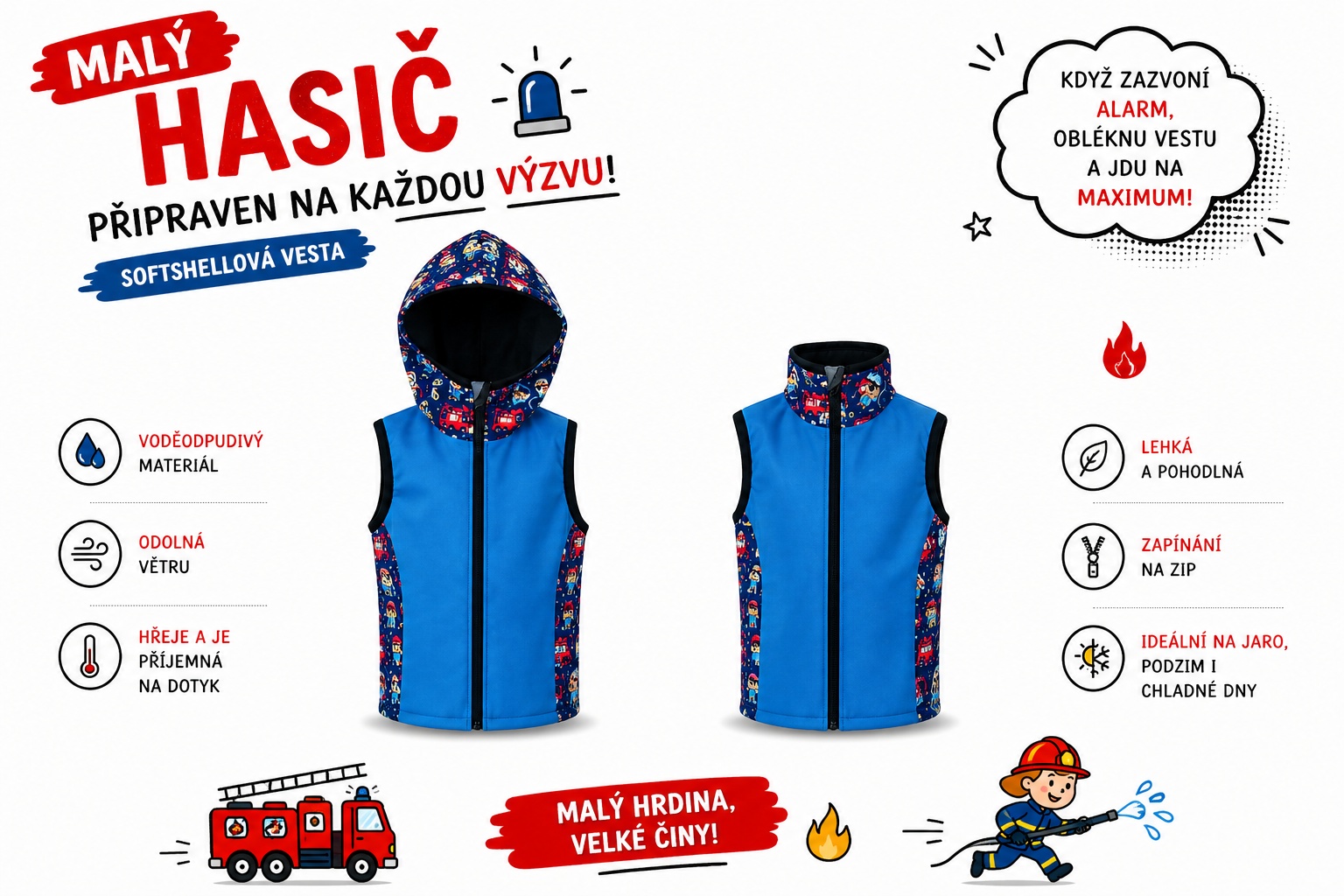 Chlapecká softshellová vesta s fleecem – s kapucí / bez kapuce, Hasiči, 3 barevné varianty