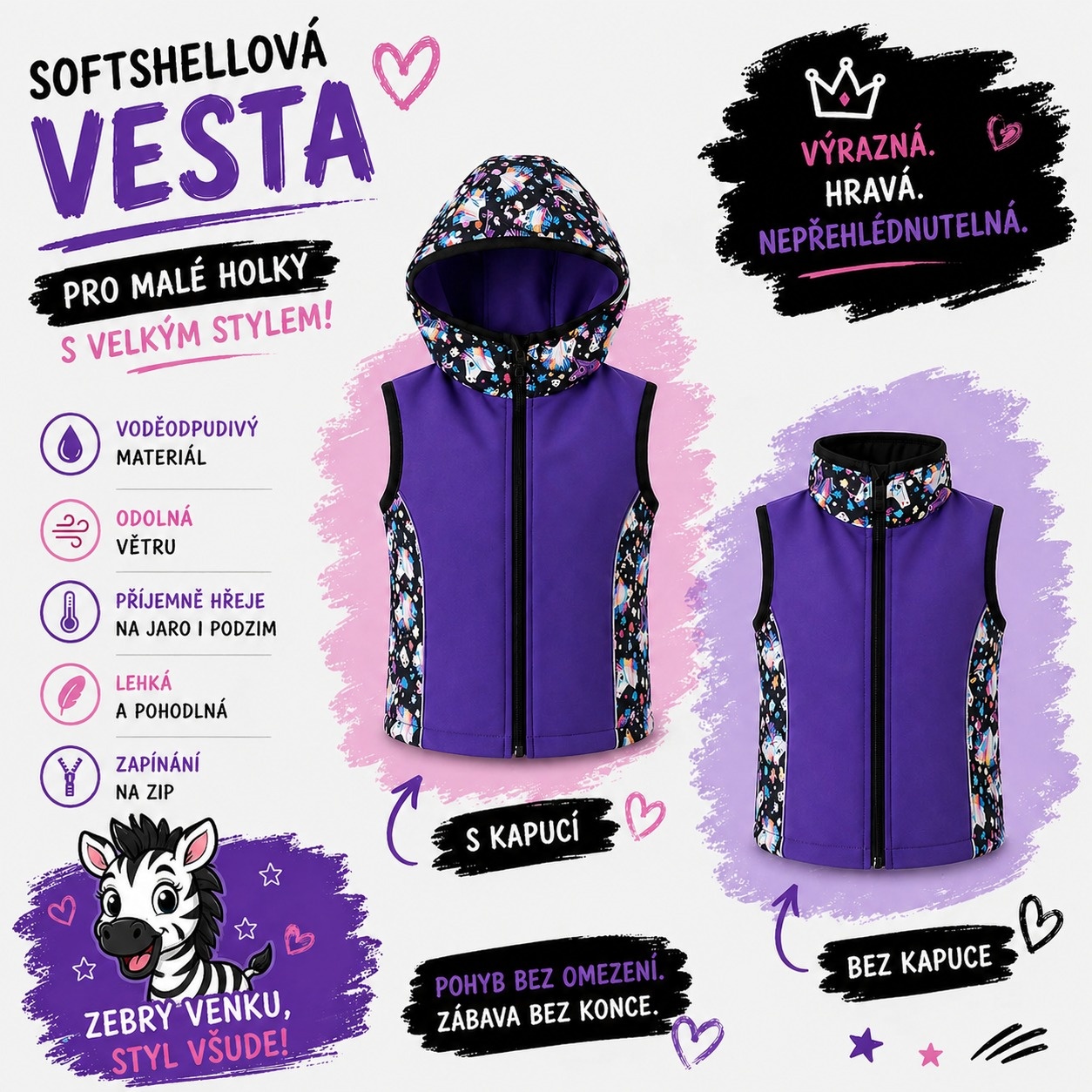 Dívčí softshellová vesta s fleecem – s kapucí / bez kapuce, Zebry, 3 barevné varianty