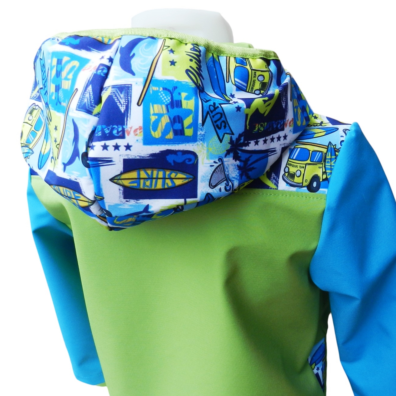 Dětská letní softshellová bunda bez zateplení, Surf, zelená s modrými rukávy