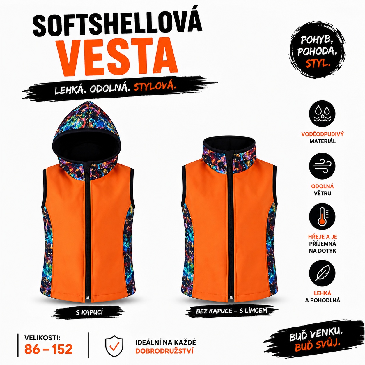 Chlapecká softshellová vesta s fleecem – s kapucí / bez kapuce, Vesmír, 6 barevných variant