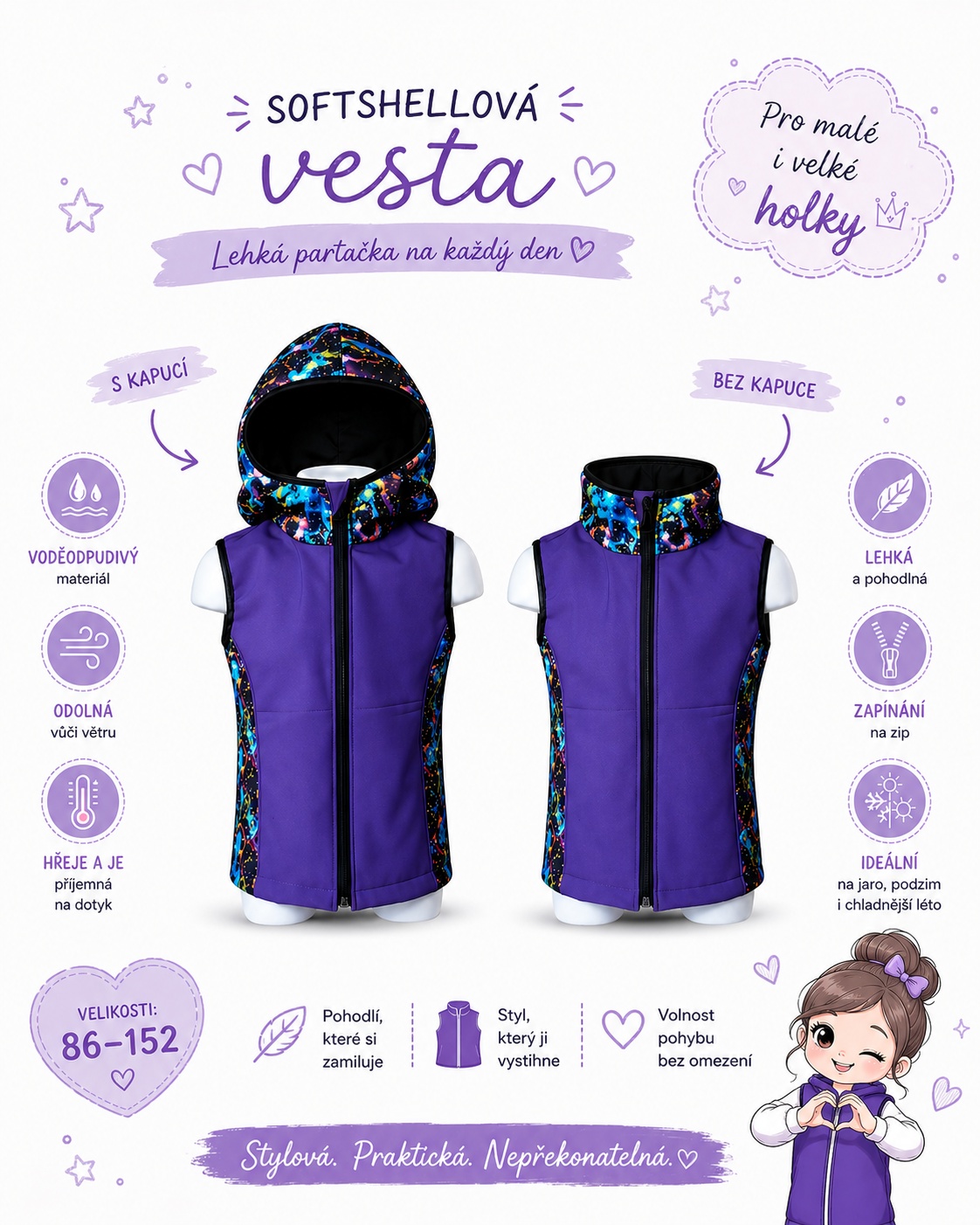 Dívčí softshellová vesta s fleecem – s kapucí / bez kapuce, Vesmír, 3 barevné varianty
