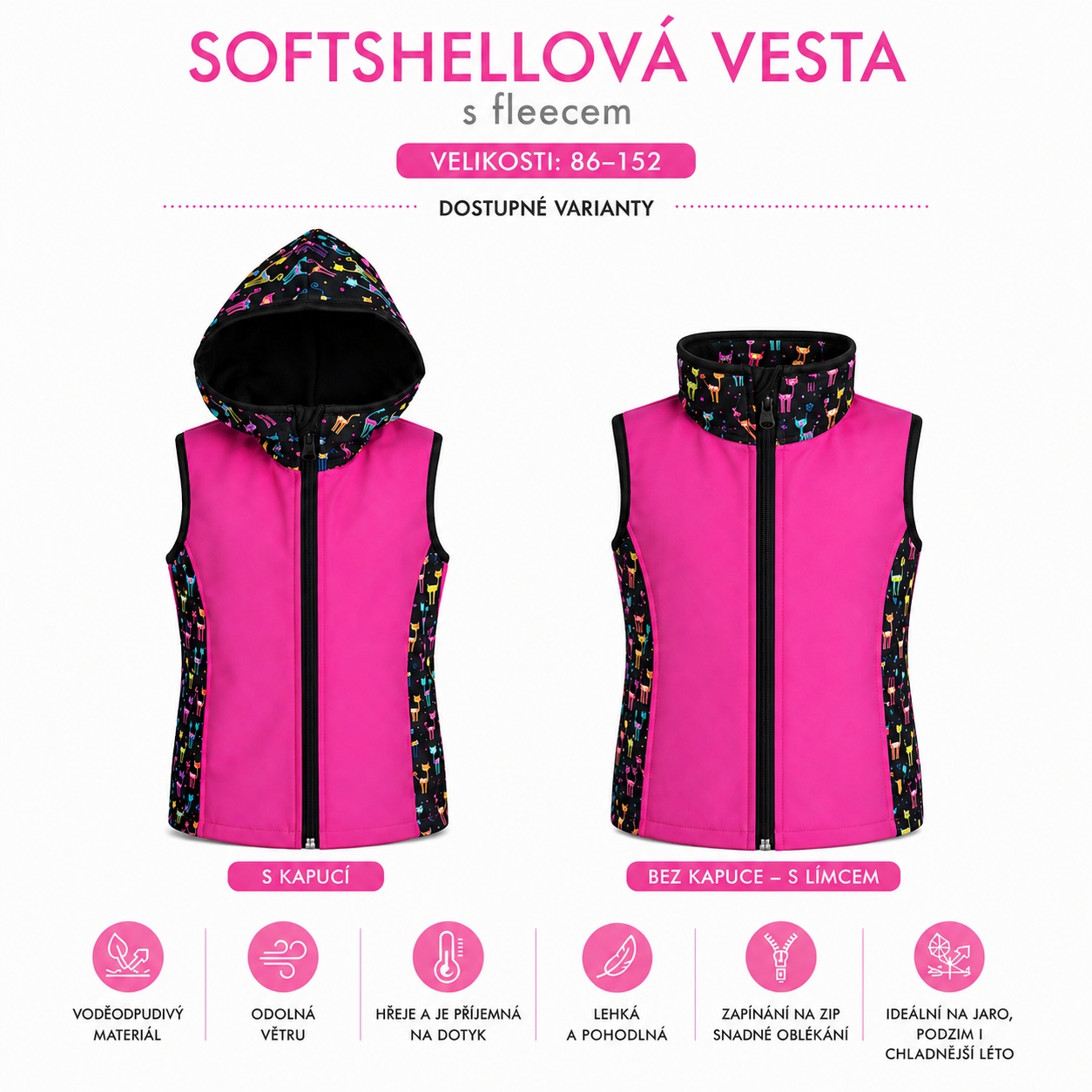 Dívčí softshellová vesta s fleecem – s kapucí / bez kapuce, Kočičky, 4 barevné varianty