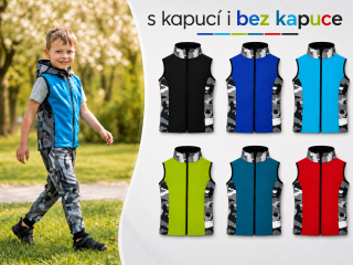 Chlapecká softshellová vesta s fleecem – s kapucí / bez kapuce, Maskáč, 7 barevných variant