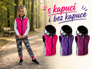 Dívčí softshellová vesta s fleecem – s kapucí / bez kapuce, Maskáč, 3 barevné varianty
