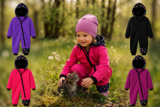 Dívčí softshellová kombinéza s fleecem a hřejivou kapucí, Kočičky, 4 barevné varianty