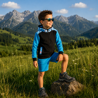Dětská letní softshellová bunda bez zateplení, Letadla, černá s modrými rukávy